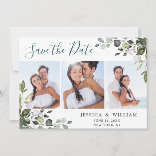 Elegant Watercolor Eucalyptus 3 PHOTO Wedding Save The Date