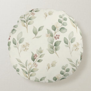 Elegant Watercolor Eucalyptus and Blush Berry Bota Round Pillow