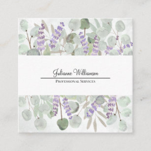 Elegant Watercolor Eucalyptus and Lavender Square Business Card