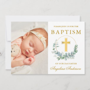 Elegant Watercolor Eucalyptus Baptism Gold Photo Invitation