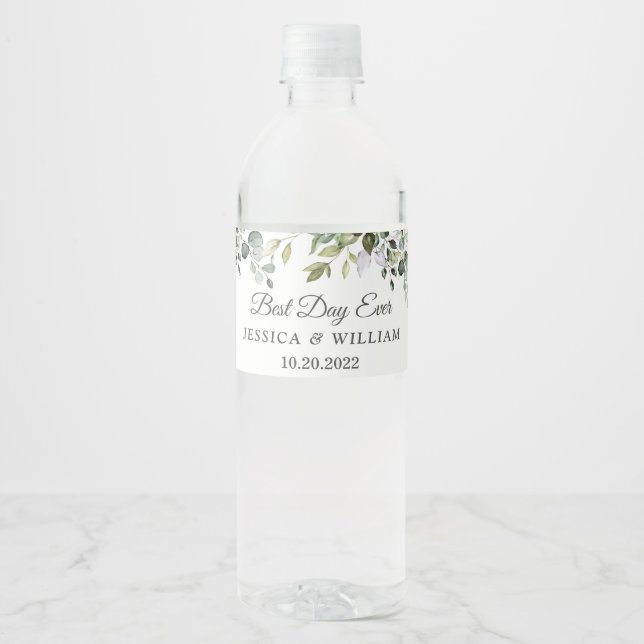 Elegant Watercolor Eucalyptus Best Day Ever Water Bottle Label (Front)