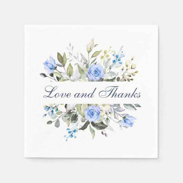 Elegant Watercolor Eucalyptus Blue Roses Floral Napkins (Front)
