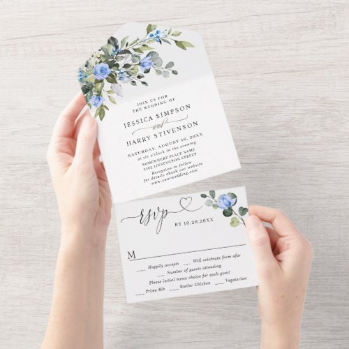 Elegant Watercolor Eucalyptus Blue Roses Wedding All In One Invitation