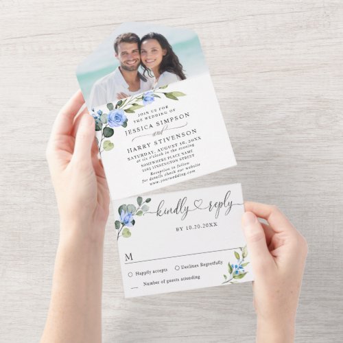 Elegant Watercolor Eucalyptus Blue Roses Wedding All In One Invitation