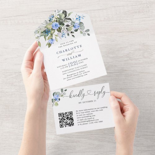 Elegant Watercolor Eucalyptus Blue Roses Wedding All In One Invitation