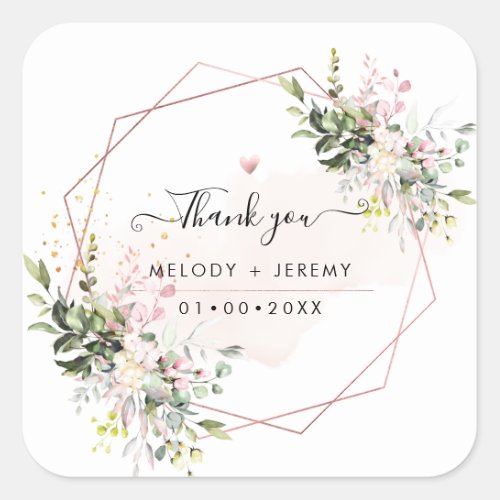 Elegant Watercolor Eucalyptus Blush Pink Thank You Square Sticker