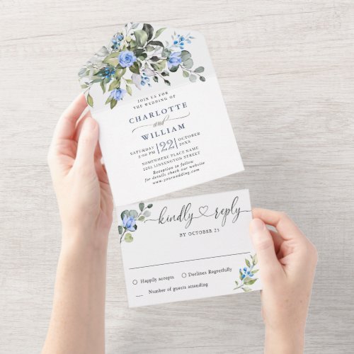 Elegant Watercolor Eucalyptus Blush Roses Wedding All In One Invitation