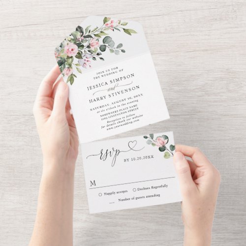 Elegant Watercolor Eucalyptus Blush Roses Wedding All In One Invitation