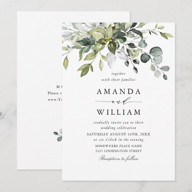 Elegant Watercolor Eucalyptus Bohemian Wedding Invitation (Front/Back)