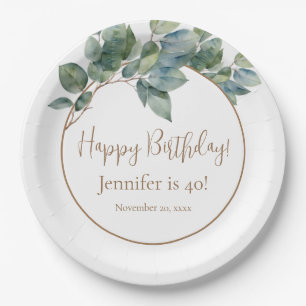 Elegant watercolor eucalyptus botanical birthday paper plates