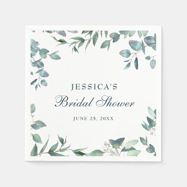 Elegant Watercolor Eucalyptus Bridal Shower Paper Napkins (Front)