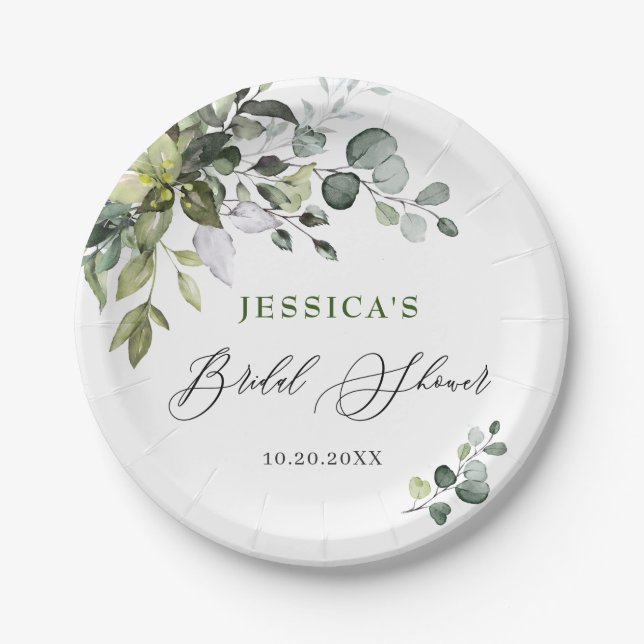 Elegant Watercolor Eucalyptus Bridal Shower Paper  Paper Plates (Front)