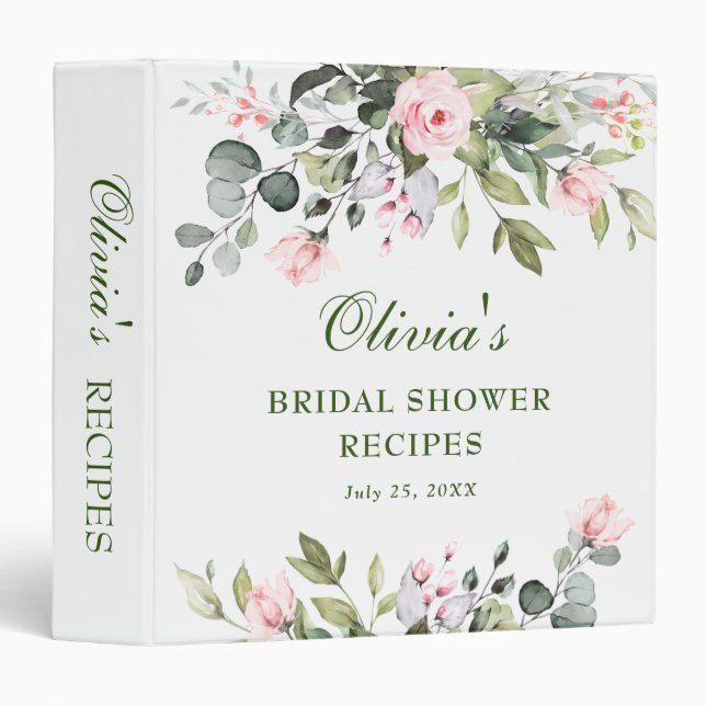 Elegant Watercolor Eucalyptus Bridal Shower Recipe 3 Ring Binder (Front/Spine)