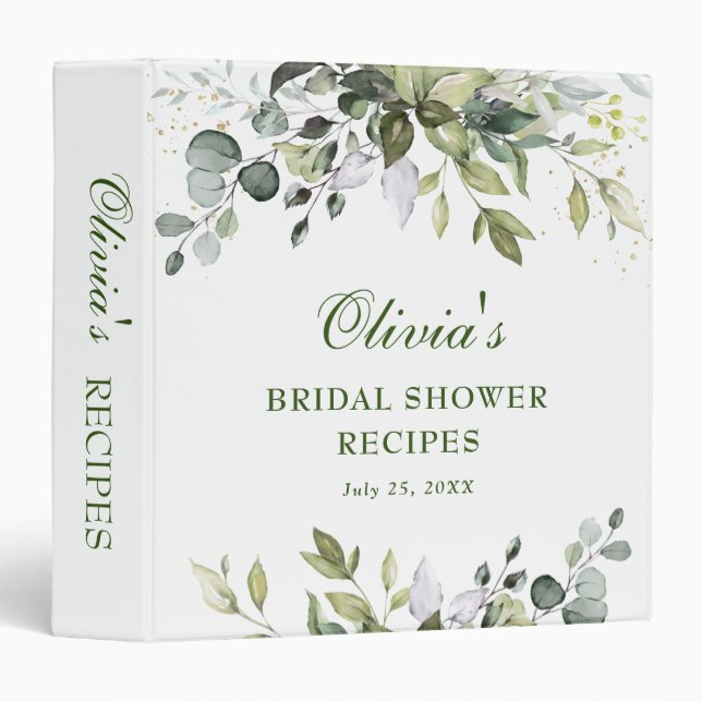Elegant Watercolor Eucalyptus Bridal Shower Recipe 3 Ring Binder (Front/Spine)