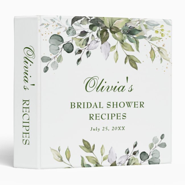 Elegant Watercolor Eucalyptus Bridal Shower Recipe 3 Ring Binder