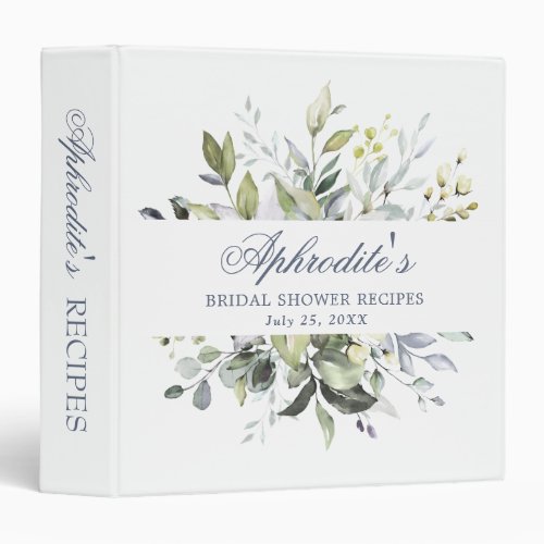 Elegant Watercolor Eucalyptus Bridal Shower Recipe 3 Ring Binder