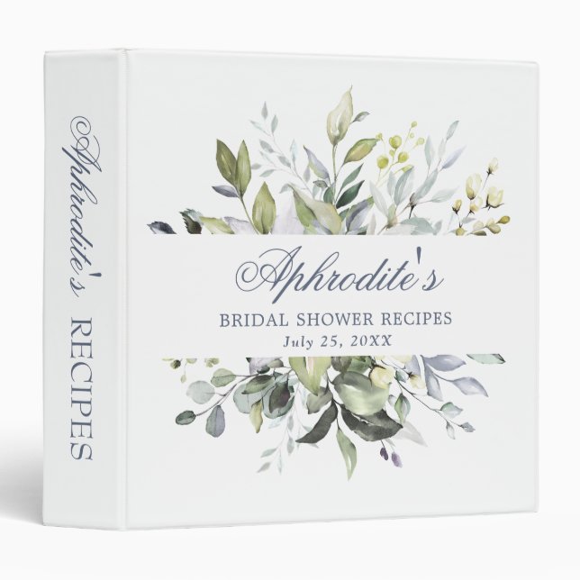 Elegant Watercolor Eucalyptus Bridal Shower Recipe 3 Ring Binder (Front/Spine)