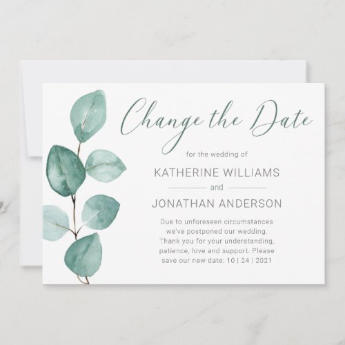 Elegant Watercolor Eucalyptus Change the Date Announcement