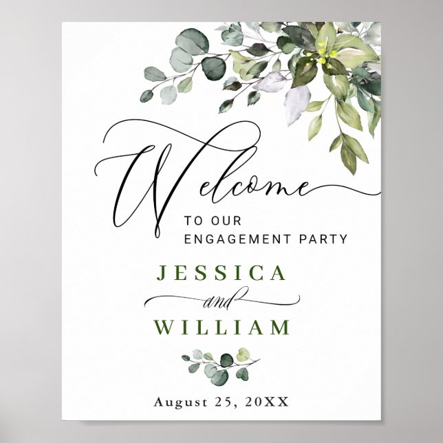 Elegant Watercolor Eucalyptus Engagement Party Poster (Front)