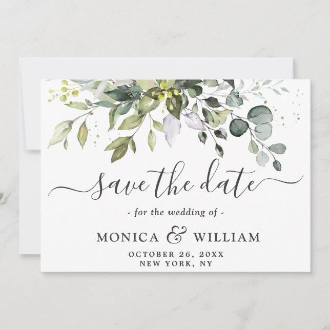 Elegant Watercolor Eucalyptus Floral Wedding Save The Date (Front)