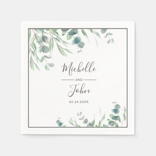 Elegant Watercolor Eucalyptus Foliage Name Wedding Napkins