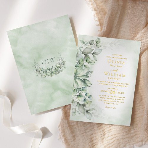 Elegant Watercolor Eucalyptus Gold Foil Wedding Foil Invitation