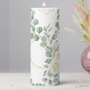 Elegant Watercolor Eucalyptus & Gold Geometric Flo Pillar Candle