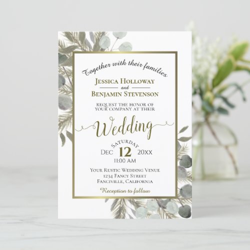 Elegant Watercolor Eucalyptus Golden Pine Wedding Invitation