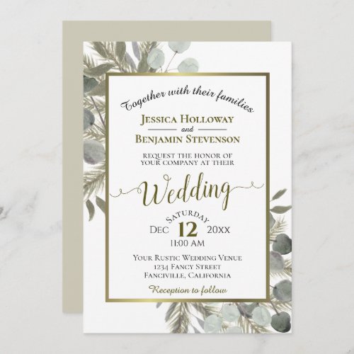 Elegant Watercolor Eucalyptus Golden Pine Wedding Invitation
