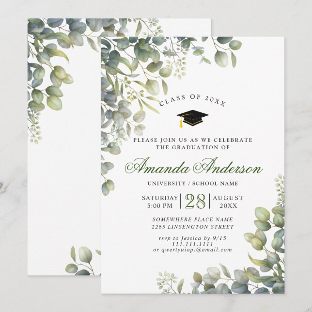 Elegant Watercolor Eucalyptus Graduation Party Invitation (Front/Back)