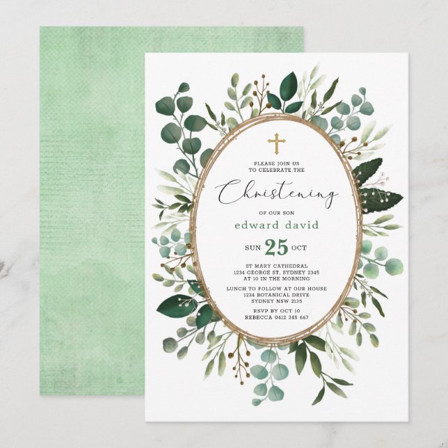 Elegant Watercolor Eucalyptus Greenery Christening Invitation (Front/Back)