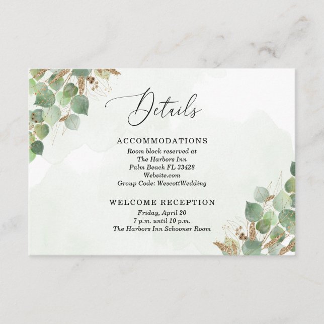 Elegant Watercolor Eucalyptus Greenery Gold Accent Enclosure Card (Front)