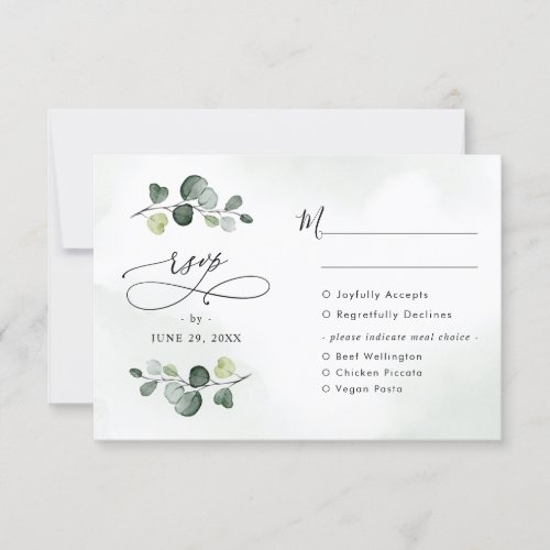 Elegant Watercolor Eucalyptus Greenery Meal Option RSVP Card - Designed to coordinate with our Boho Greenery wedding collection, this customizable RSVP card with meal options, features a watercolor eucalyptus branch set against a delicate watercolor wash background with calligraphy graphic text, paired with a classy serif & modern sans font in black. Matching items available.
