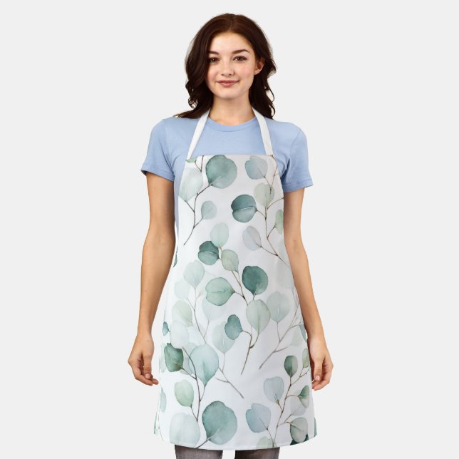Elegant Watercolor Eucalyptus Greenery Pattern Apron (Worn)