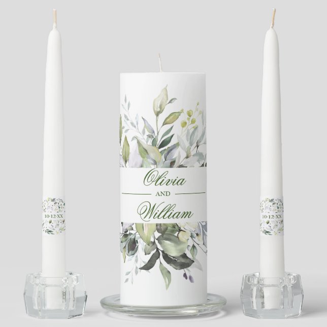 Elegant Watercolor Eucalyptus Greenery Unity Candle Set (Front)