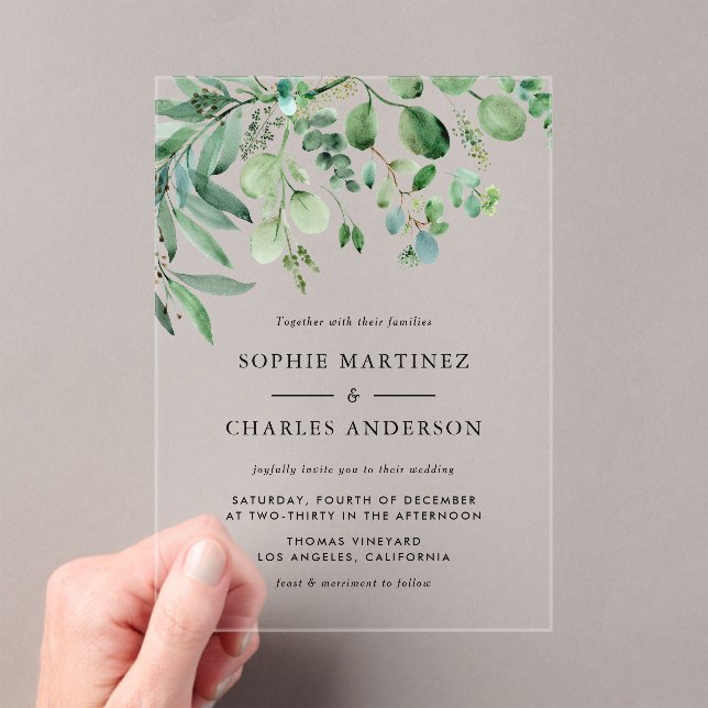 Elegant Watercolor Eucalyptus Greenery Wedding Acrylic Invitations (Insitu (Handheld))