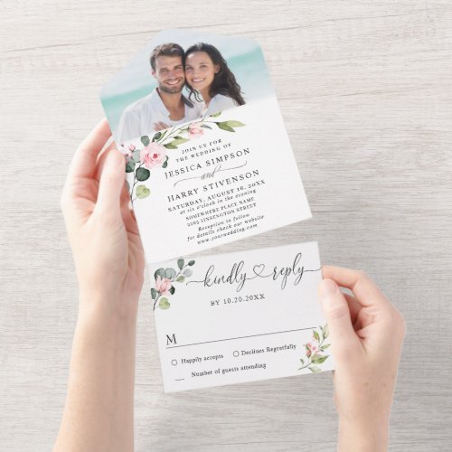 Elegant Watercolor Eucalyptus Greenery Wedding All In One Invitation