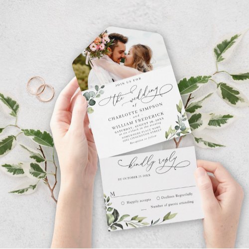 Elegant Watercolor Eucalyptus Greenery Wedding All In One Invitation