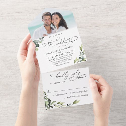 Elegant Watercolor Eucalyptus Greenery Wedding All In One Invitation