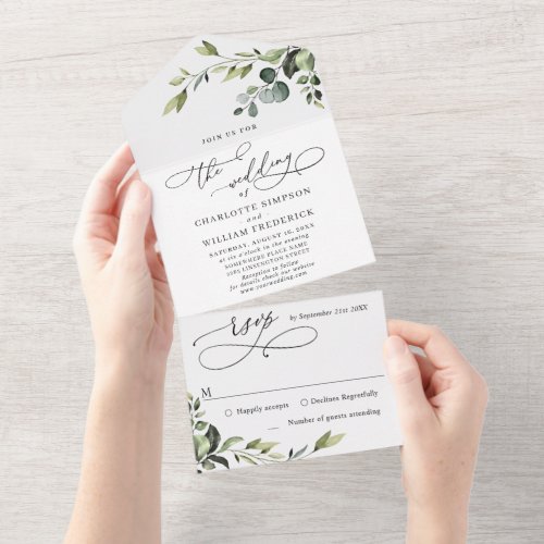 Elegant Watercolor Eucalyptus Greenery Wedding All In One Invitation