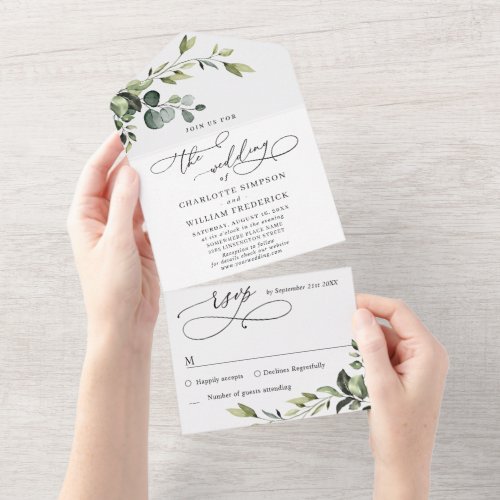 Elegant Watercolor Eucalyptus Greenery Wedding All In One Invitation