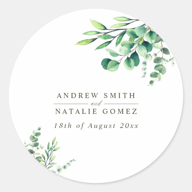 Elegant Watercolor Eucalyptus Greenery Wedding Classic Round Sticker (Front)