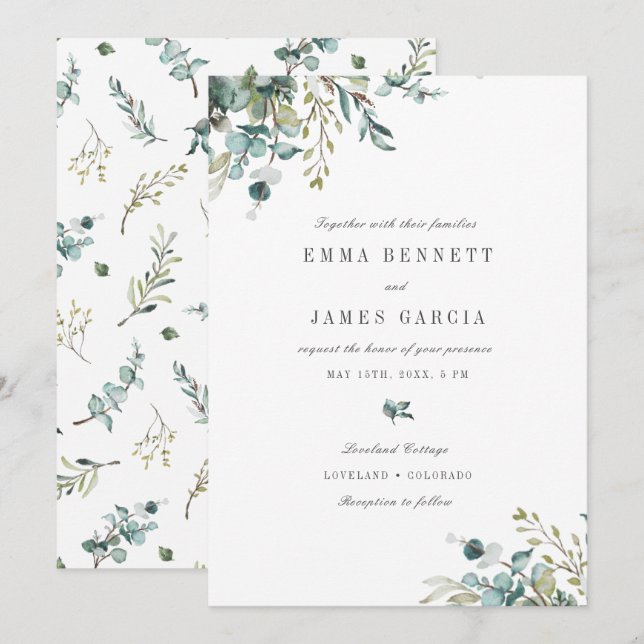 Elegant Watercolor Eucalyptus Greenery Wedding Inv Invitation (Front/Back)