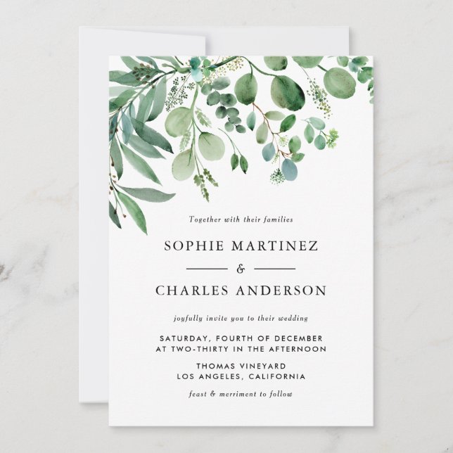 Elegant Watercolor Eucalyptus Greenery Wedding Invitation (Front)