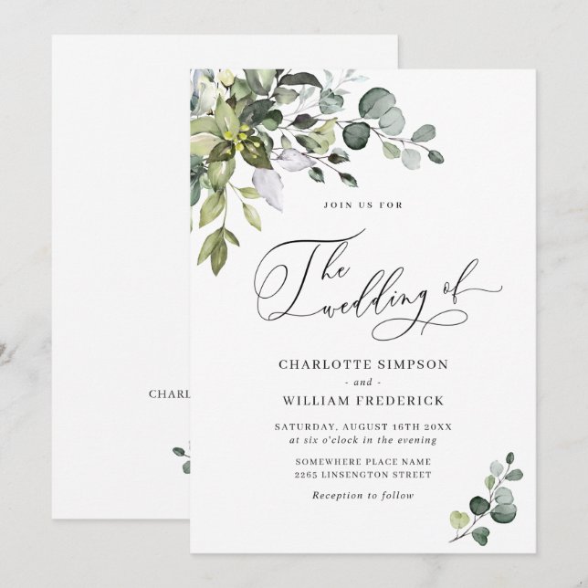 Elegant Watercolor Eucalyptus Greenery Wedding Invitation (Front/Back)