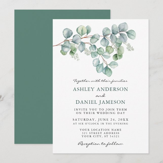 Elegant Watercolor Eucalyptus Greenery Wedding Invitation (Front/Back)