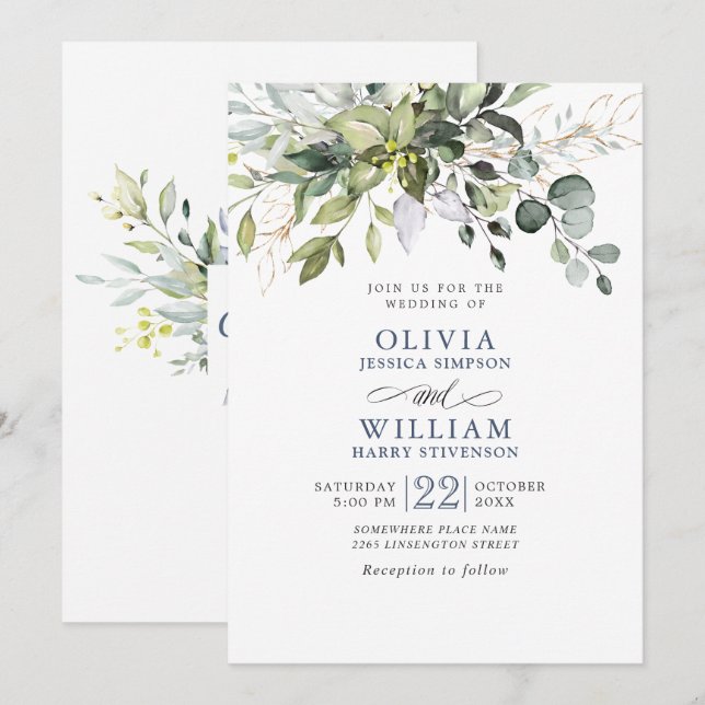 Elegant Watercolor Eucalyptus Greenery Wedding Invitation (Front/Back)