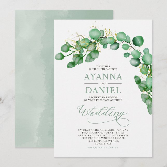 Elegant Watercolor Eucalyptus Greenery Wedding Invitation (Front/Back)