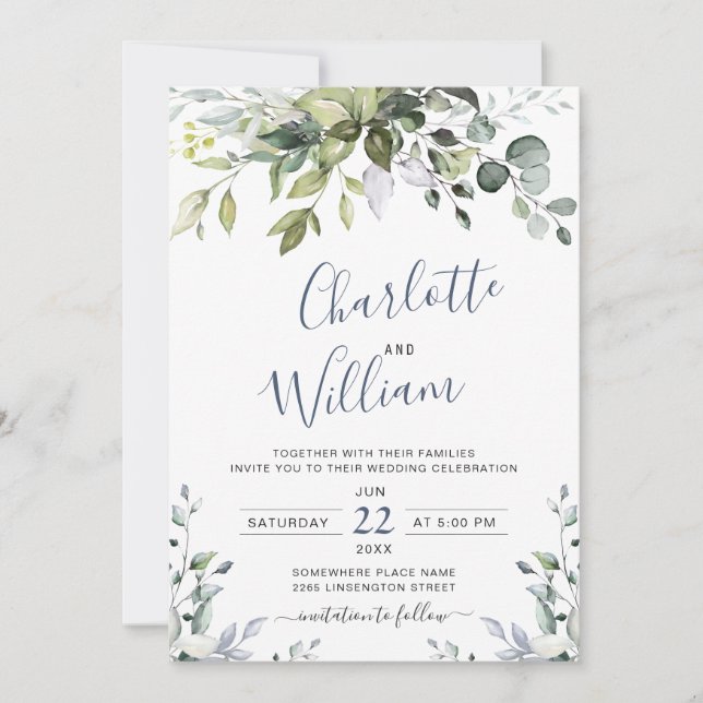 Elegant Watercolor Eucalyptus Greenery Wedding Invitation (Front)