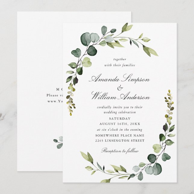 Elegant Watercolor Eucalyptus Greenery Wedding Invitation (Front/Back)